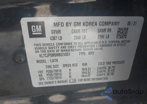 2021 Chevrolet Trax Awd Lt from USA, damaged, VIN KL7CJPSM5MB374551